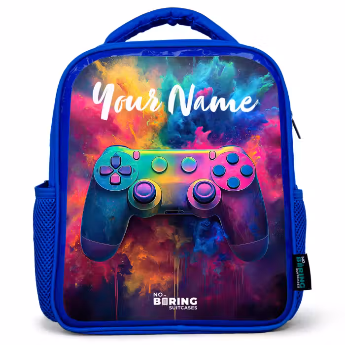 Kids backpack with name - Blue - Game - Controller - Colorful - Explosion