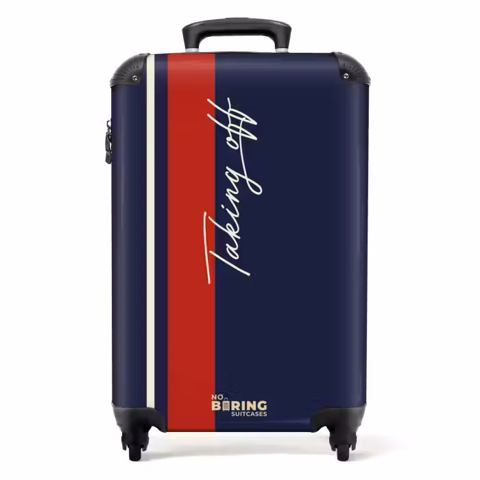 Suitcase - Dark blue background with red and white stripe and text Taking Off